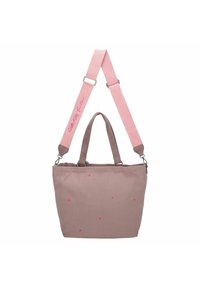 Roze stoffen draagtas met twee handvatten en een afneembare schouderband. Bevat verspreide roze sterpatronen; gladde textuur en eenvoudig ontwerp.