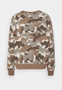 Brun kamouflage sweatshirt med rund hals, långa raglanärmar och ett mjukt, texturerat tyg med elastisk nederkant och ärmslut.