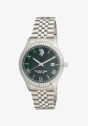Orologio da polso in metallo argentato con quadrante nero, numeri romani, finestra per la data alle 3, logo U.S. Polo Assn. e cinturino a maglie.