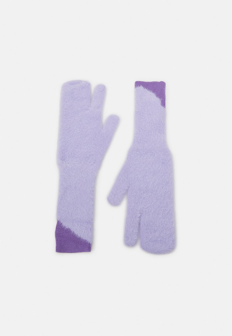 Purple gloves made of soft, fuzzy material. Features ribbed wrist accents and a diagonal color block pattern in darker purple.