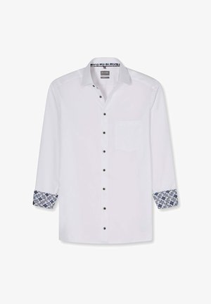 Weißes Herrenhemd mit langen Ärmeln, schwarzen Knöpfen, einer einzelnen Brusttasche und einem floralen Muster im Krageninneren und an den Manschetten.