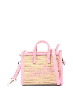 Kleine rechthoekige geweven handtas met roze afwerking, dubbele handvatten, een schouderriem en "Saint Barth" in roze geborduurd op de voorkant.