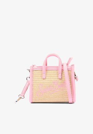 Piccola borsa rettangolare intrecciata con rifiniture rosa, doppi manici, una tracolla e "Saint Barth" ricamato in rosa sul davanti.