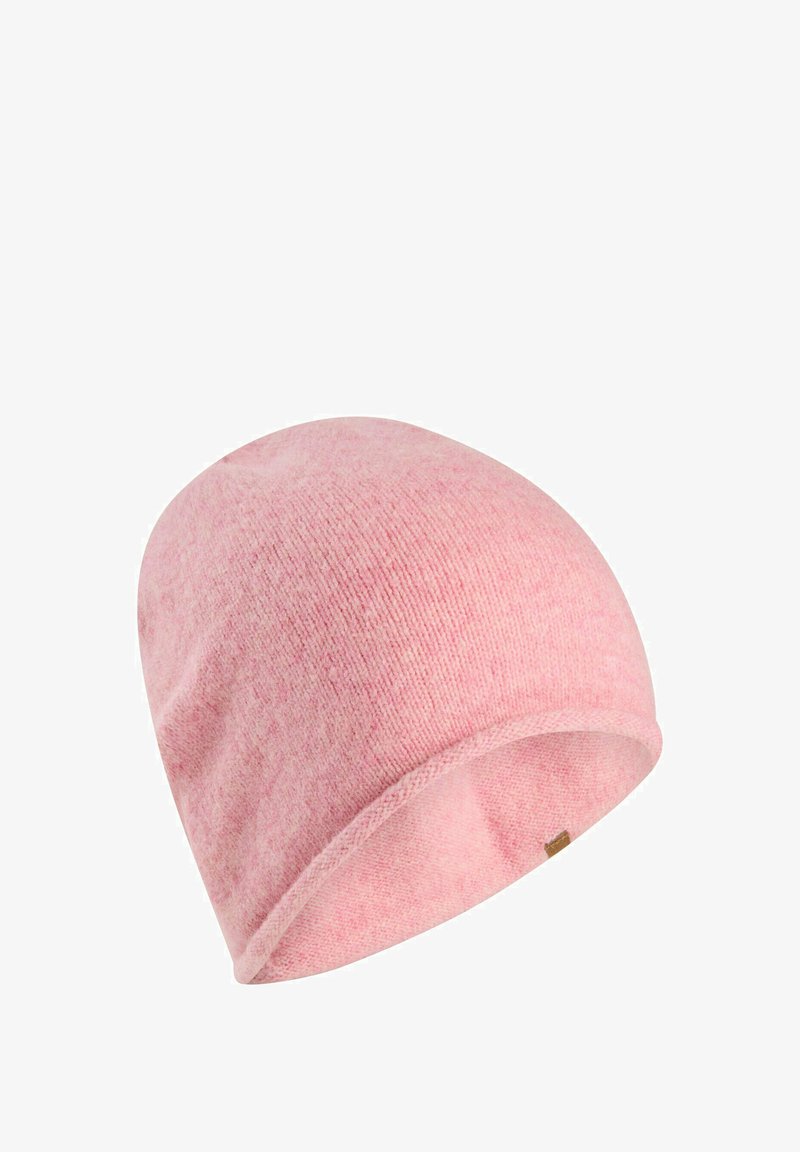Gebreide roze beanie muts met een zachte textuur, met een nauwsluitend ontwerp en een opgerolde zoom. Subtiele variatie in de kleur voor diepte.