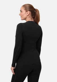 Schwarzes Langarmshirt, figurbetontes Design, weicher Stoff, mit flachen Nähten und rundem Ausschnitt, durchgehend glatte Textur.