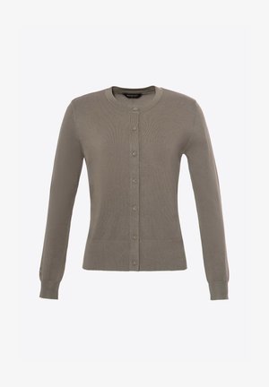 Lichtbruin vest gemaakt van zachte tricot stof, met een ronde halslijn, lange mouwen en een knoopsluiting aan de voorkant met gelijkmatig geplaatste knopen.