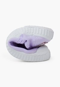 Purple fabric sneaker with a white rubber sole, featuring a soft inner lining and textured outsole for grip. No laces, slip-on design.