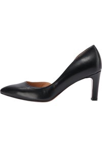 Schwarze Leder-Pumps mit hohen Absätzen, spitzem Zehenbereich und glatter Textur; verfügen über ein ausgeschnittenes Design am Schaft.