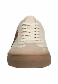 White leather sneaker with beige suede accents, round toe, flat brown rubber sole, and white laces. Features a simple stitched design.