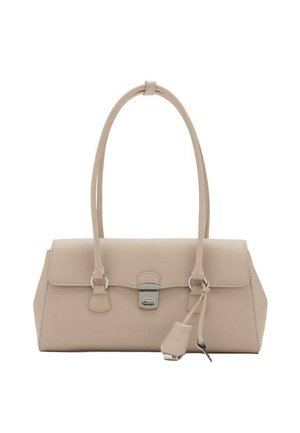 Sac à main en cuir beige avec une forme rectangulaire structurée, un fermoir métallique sécurisé et deux longues poignées. Surface texturée avec des accents minimaux.