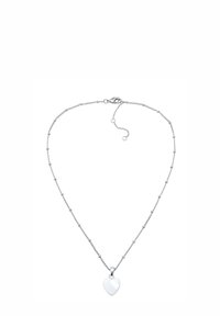 Sølv halskæde med en fin kæde, der har runde perler og en poleret hjertevedhæng. Lås med en forlængerkæde for justerbarhed.