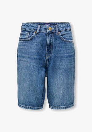 Mellemblå denimshorts med klassisk fem-lomme-design, lynlåslukning, knaplukning og falmet tekstur på hvid baggrund.