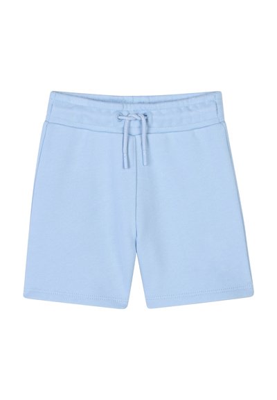 Shorts en coton bleu clair avec une taille élastique, un cordon de serrage ajustable et une texture lisse. Pas de poches visibles ni de motifs.