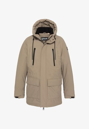 Beige isolierte Jacke mit Kapuze, zwei mit Reißverschluss versehenen Brusttaschen und zwei großen Fronttaschen; verfügt über Kordelzüge und schwarze Akzente.