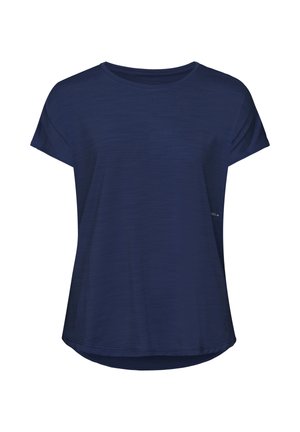 Donkerblauw T-shirt met korte mouwen, gemaakt van gladde stof, met een ronde hals, een losse pasvorm en een subtiele textuur aan het oppervlak.