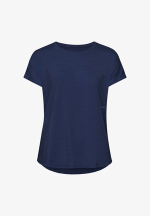 Donkerblauw T-shirt met korte mouwen, gemaakt van gladde stof, met een ronde hals, een losse pasvorm en een subtiele textuur aan het oppervlak.