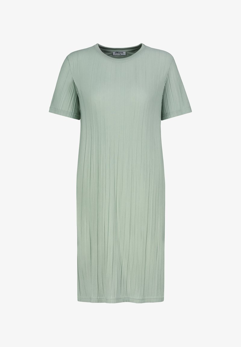 Hellgrünes kurzes Kleid mit kurzen Ärmeln aus geripptem Stoff in einer lockeren Passform, mit einem Rundhalsausschnitt und knielanger Gestaltung.