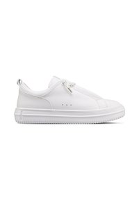 Białe sneakersy z gładkiej skórzanej cholewki, bezszwowym wykończeniem, minimalistycznymi akcentami oraz teksturowaną gumową podeszwą o żłobionej strukturze.
