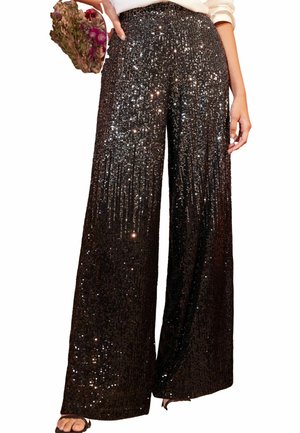 Black, wide-leg sequined pants with a shimmering texture, featuring vertical sequins for luminescence and a smooth waistband.