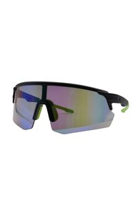 Occhiali da sole con montatura nera, grandi lenti specchiate che mostrano colori sfumati e dettagli verdi sulle aste. Design leggero.