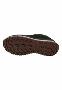 Black sneaker sole with textured rubber pattern; features hexagonal grips and a pink accent logo. Edge trimmed with beige.
