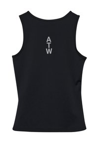 Zwarte mouwloze tanktop van gladde stof met een verticale "ATW" logo in lichtgrijs op de rug. Eenvoudig, aangesloten ontwerp.
