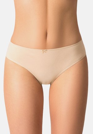 Slip hipster in misto cotone beige con una texture liscia, caratterizzato da un piccolo dettaglio a fiocco davanti e una sottile cintura elastica.