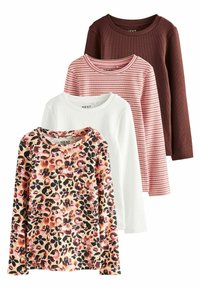 Set di quattro top a maniche lunghe: uno con stampa leopardata, due in colori uniti (bianco e marrone scuro) e uno con righe rosa.