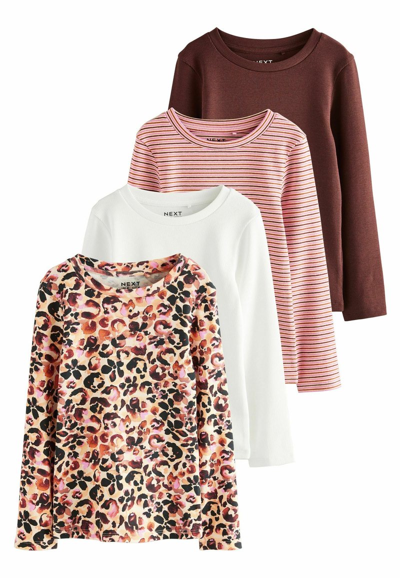 Set di quattro top a maniche lunghe: uno con stampa leopardata, due in colori uniti (bianco e marrone scuro) e uno con righe rosa.