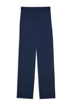 Marineblaue weit geschnittene Hosen aus weichem Stoff, mit zwei Seitentaschen und einem glatten Bund für zusätzlichen Komfort.