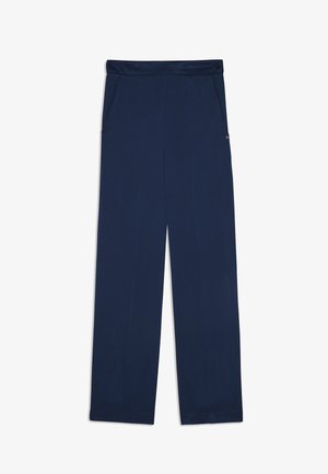 Marineblaue weit geschnittene Hosen aus weichem Stoff, mit zwei Seitentaschen und einem glatten Bund für zusätzlichen Komfort.