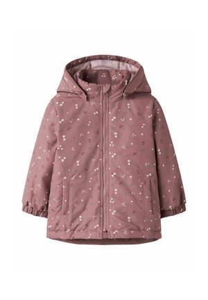Veste à capuche pour enfants rose avec petit imprimé floral blanc et rouge, fermeture éclair à l'avant, poignets élastiques et deux poches avant.