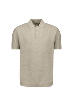 Beige kurzärmeliges Strick-Poloshirt mit einer Knopfleiste mit drei Knöpfen sowie einem gerippten Kragen und Saum.
