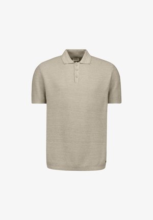 Beige kurzärmeliges Strick-Poloshirt mit einer Knopfleiste mit drei Knöpfen sowie einem gerippten Kragen und Saum.