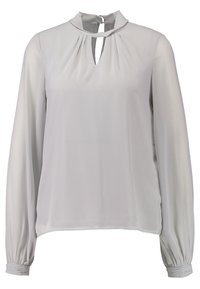 Lys grå langærmet bluse med høj hals, plisseret front, nøglehul detalje og samlet manchetter for et flydende udseende.