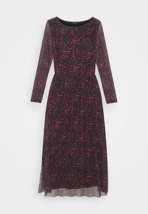 Robe midi noire avec motif floral rouge, manches longues transparentes, taille ajustée et encolure ronde.