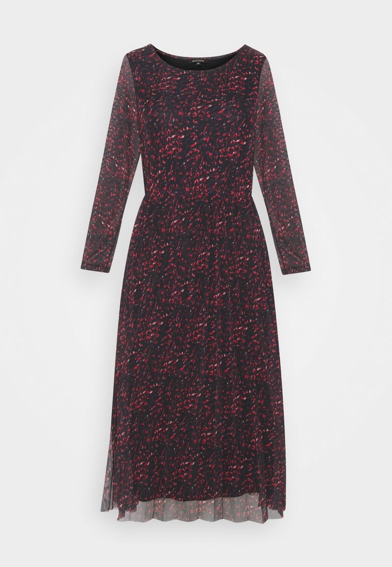 Robe midi noire avec motif floral rouge, manches longues transparentes, taille ajustée et encolure ronde.