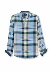 Blau kariertes Hemd in verschiedenen Blau-, Grün- und Rottönen. Knopfdesign mit hochgekrempelten Ärmeln und dunkelblauen Akzenten an den Manschetten.