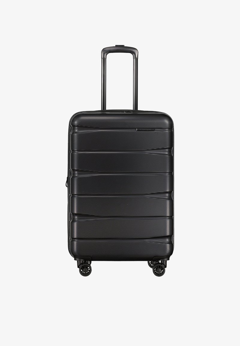 Black hard-shell suitcase with a textured surface, featuring a retractable handle and four wheels for mobility. Horizontal ridges accent the design.