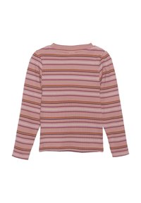 Langarmshirt mit gerippter Textur, das horizontale Streifen in Rosa-, Braun- und Cremetönen aufweist. Klassischer Rundhalsausschnitt, Rückansicht.