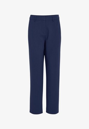 Marineblauwe broek van lichtgewicht stof, met een rechte pasvorm, voorzakken en een platte tailleband met riemlussen.