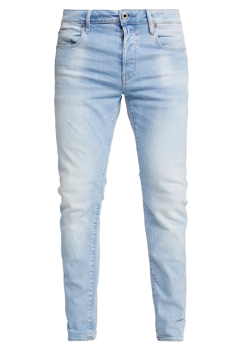 Svetle modré džíny z denimu s úzkým střihem, bledým designem, klasickým pětipocket provedením a zipovým zapínáním s knoflíkem.