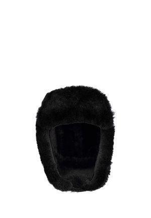 Black fur-lined hat with ear flaps, designed for warmth, shown against a white background.
