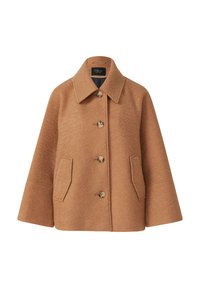 Cappotto in misto lana marrone con ampio colletto, cinque bottoni e due tasche frontali. Presenta una vestibilità rilassata e un tessuto testurizzato.
