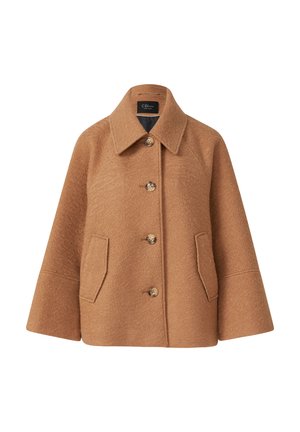 Cappotto in misto lana marrone con ampio colletto, cinque bottoni e due tasche frontali. Presenta una vestibilità rilassata e un tessuto testurizzato.