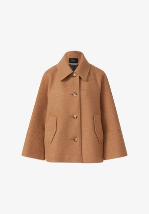 Manteau en mélange de laine brun avec un large col, cinq boutons et deux poches avant. Présente une coupe décontractée et un tissu texturé.
