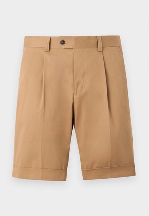 Tan knee-length tailored shorts with front pleats, button closure, belt loops, and cuffed hems on a plain background.