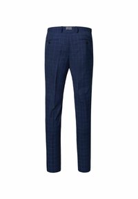 Marineblauwe broek met een ruitpatroon, gemaakt van een soepele stof. Voorzien van riemlussen, twee voorzakken en twee achterzakken.