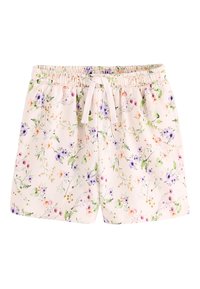 Szorty w kwiatowy wzór na pastelowo różowym tle, z elastycznym paskiem w talii i sznurkiem do regulacji. Zawierają małe, fioletowe, różowe i zielone kwiaty.