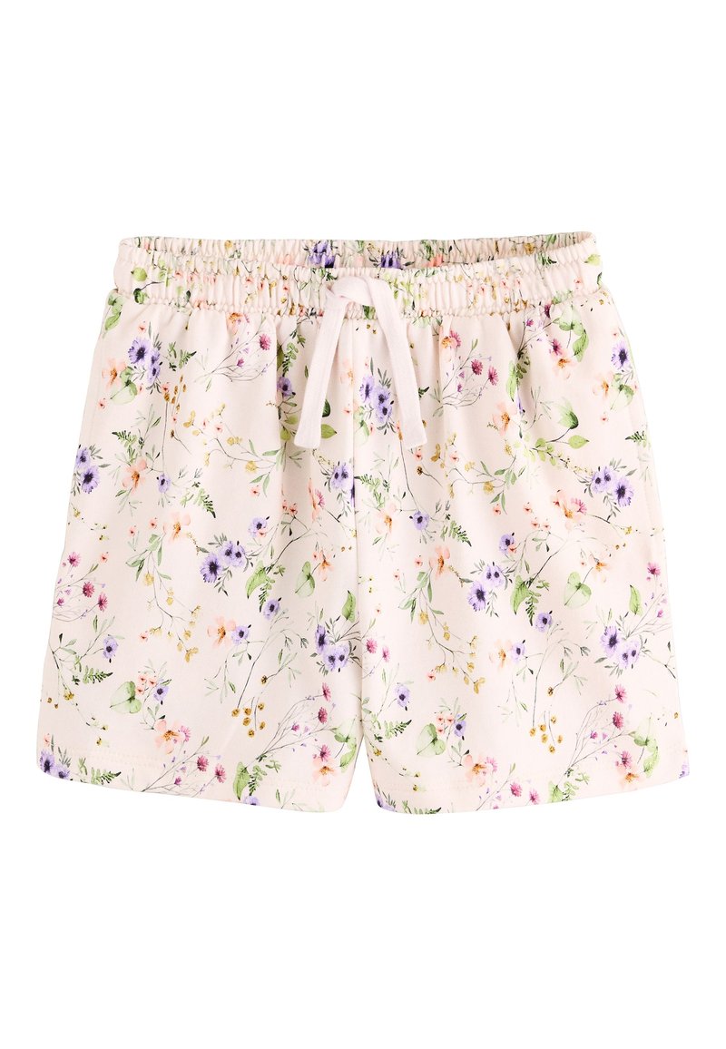 Szorty w kwiatowy wzór na pastelowo różowym tle, z elastycznym paskiem w talii i sznurkiem do regulacji. Zawierają małe, fioletowe, różowe i zielone kwiaty.